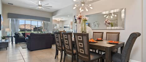 Beautiful redesigned dining room seats 8. Perfect for family meals!