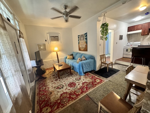 Living area with front door to left and kitchen to right.