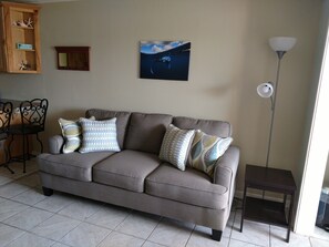 living area with queen sleeper sofa
