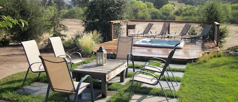 Outdoor seating area and hot tub