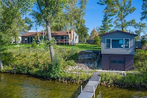 Lakeside view of main house and boathouse.