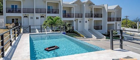 Pool deck and facade of townhouse