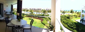 View of pool and expansive gardens of the Mareazul complex.