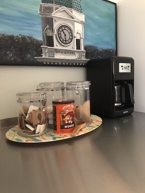 Coffee from local roaster Jittery Joe’s is provided for guests.