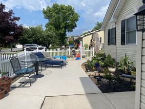 Front patio with sandbox