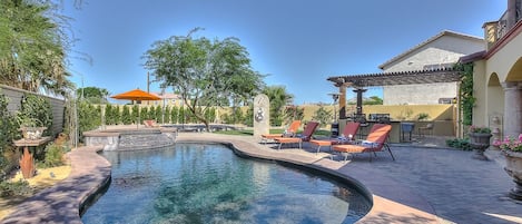 Large backyard with private pool/spa, sport court and outdoor kitchen