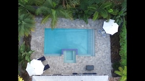 Overhead view of the saltwater pool, spa & deck surrounded by tropical plants.