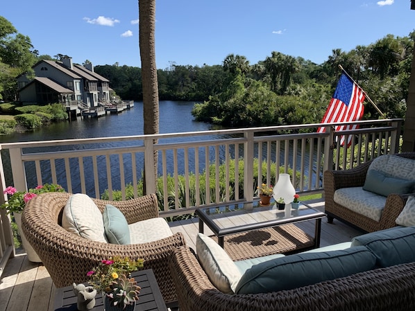 Spacious deck, comfortable stylish seating, and a great view!