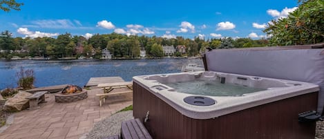 Hot Tub Area with Water View in our Poconos Lake View Vacation Rental.