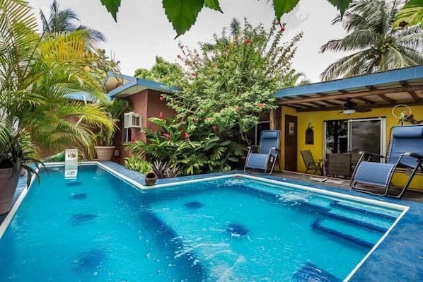 A large L shaped pool takes up the majority of the backyard