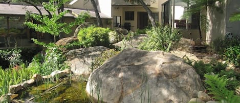 Front of house showing running pond and fern garden