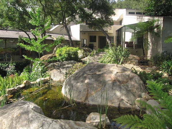 Front of house showing running pond and fern garden