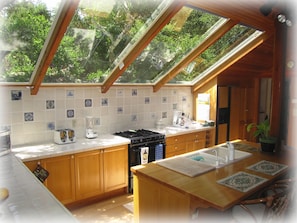 Kitchen with skylight windows