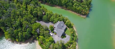 Aerial view of the Lake House & the private & exclusive 5 acre peninsula