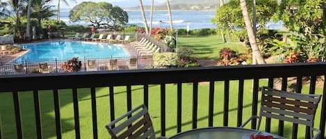 View of ocean, pool and landscaped grounds from lanai