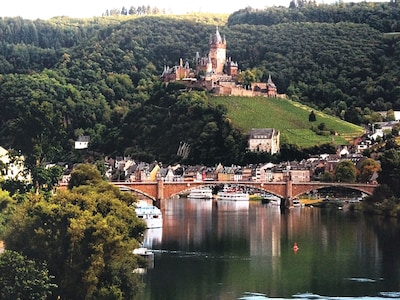 Top location with a panoramic view of the old town, Moselle, vineyards and castle Cochem