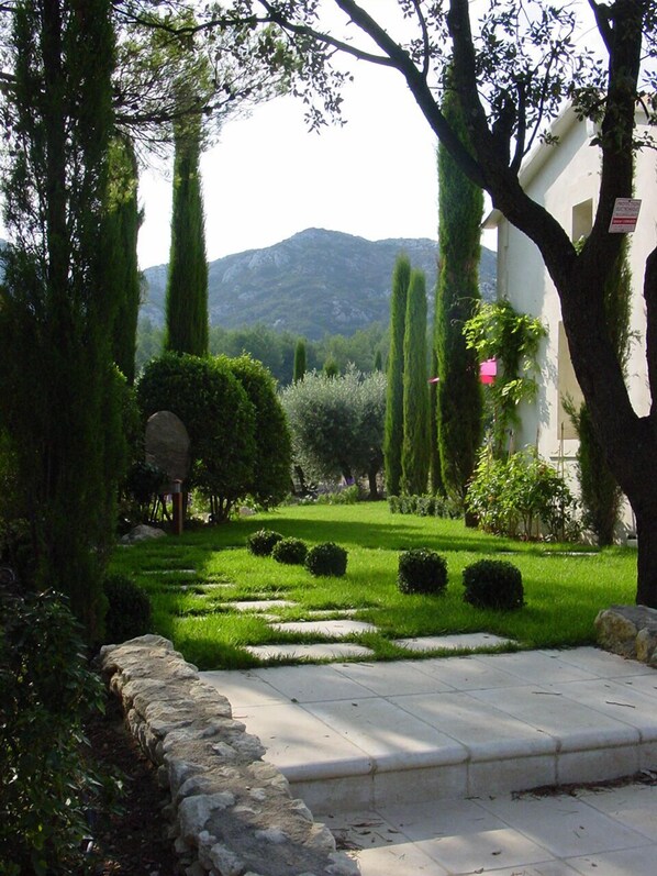 View towards the Alpilles hills at the end of the garden