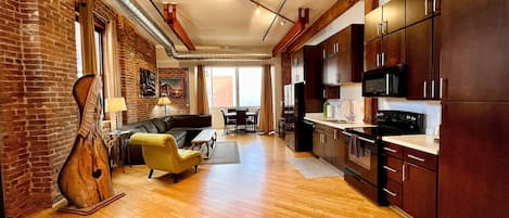 Spacious living room and kitchen combo.