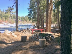 Morning at the fire ring by the river.