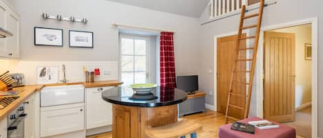 Living/kitchen area showing ladder to loft 