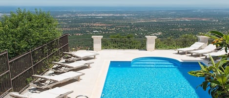 Private heated 8m x 5m pool with sun terrace and panoramic sea views