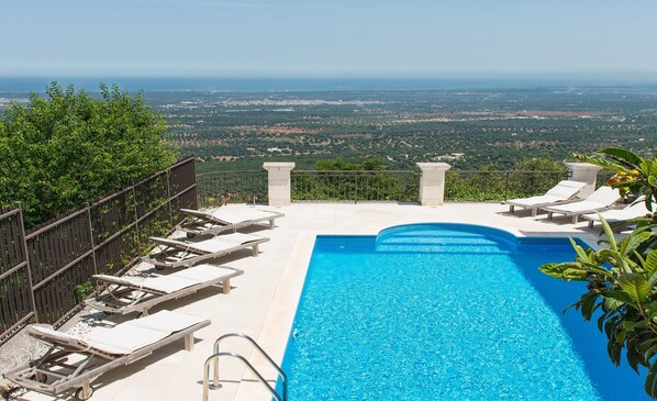 Private heated 8m x 5m pool with sun terrace and panoramic sea views