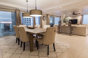 Dining room with custom lighting