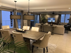 Evening view of dining and living room