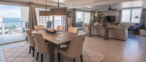 Dining room and living room with ocean view