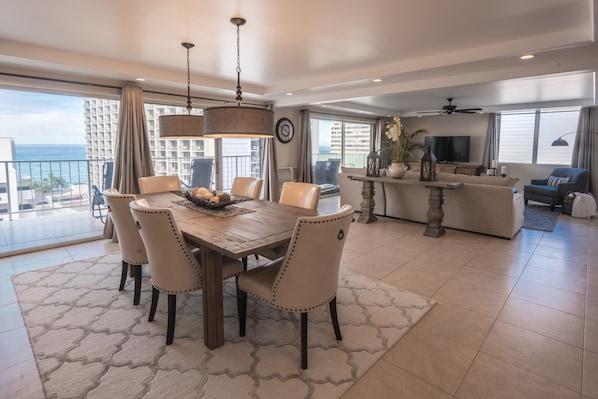 Dining room and living room with ocean view