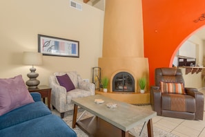 Fire up the Kiva fireplace to warm up the space