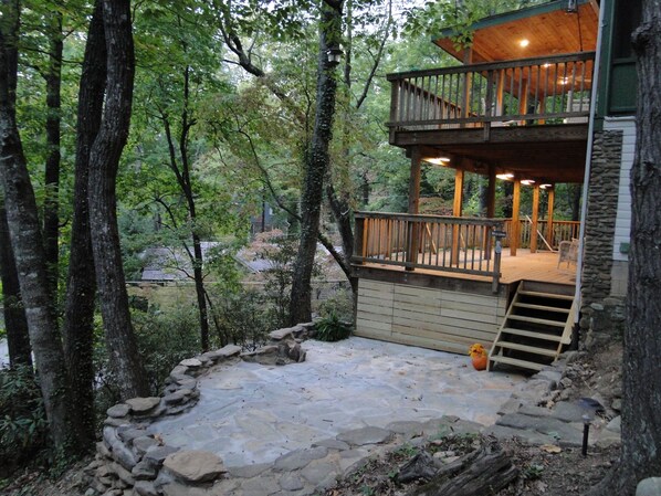 Patio and lower porch and upper porch. 