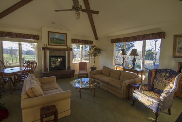 Gas fireplace in living room adds cozy warmth on winter days! 