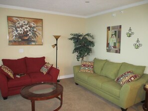  Living room furniture with a Sealy queen sleeper sofa.  Very comfy.  
