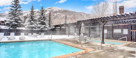 Enjoy the year round heated pool and hot tub. 