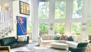 View from the main floor, homeowner has transformed the home into an art gallery