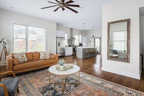 Living room & kitchen overview. Modern, boho decor