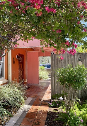 Front entry with lush vegetation 