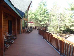 Large Wraparound Deck w/ Adirondack Chairs, Dining Set, BBQ