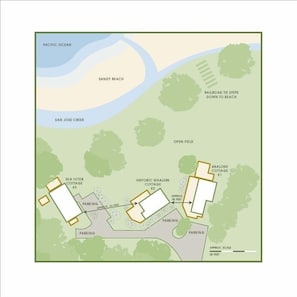 Site Plan showing all three cottages. Whalers Cottage in the middle. 