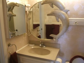 Bathroom completely remodeled. Dolphin-framed bathroom mirror.