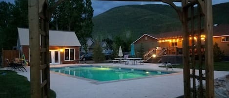 Our beautiful private pool at night in the summer
