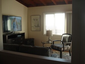 Living room space facing deck. View windows/sliding glass door/
peaceful living.