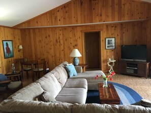 View of living room from kitchen. Big screen TV and DVD player.