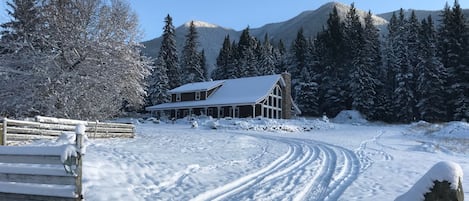 Main Lodge Exterior, fresh snow at the base of Tod Mountain.