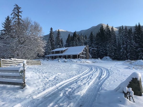 Main Lodge Exterior, fresh snow at the base of Tod Mountain.