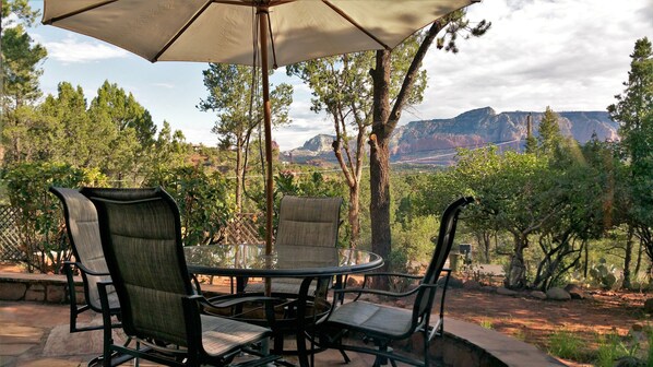 Views From Flagstone Deck enjoy breakfast lunch or dinner outside with views.