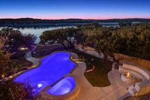 Twilight View of Pool, 11 Person Hot-Tub & Fire-Pit
