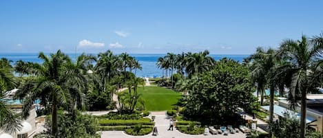 View of ocean, great lawn and fountain from balcony