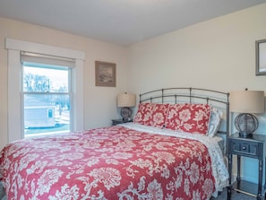 One of two bedrooms with queen beds at the Michiana Apartment #4.